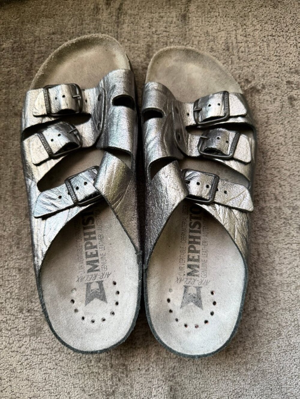 Mephisto Zach Fit Metallic Pewter Leather Slide Sandals EU 42 US 9